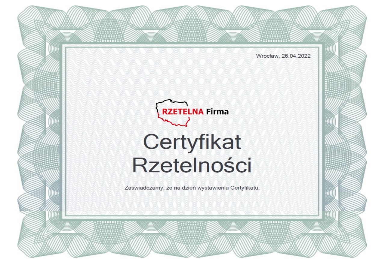 KAMEX BHP - Certyfikat Rzetelna Firma